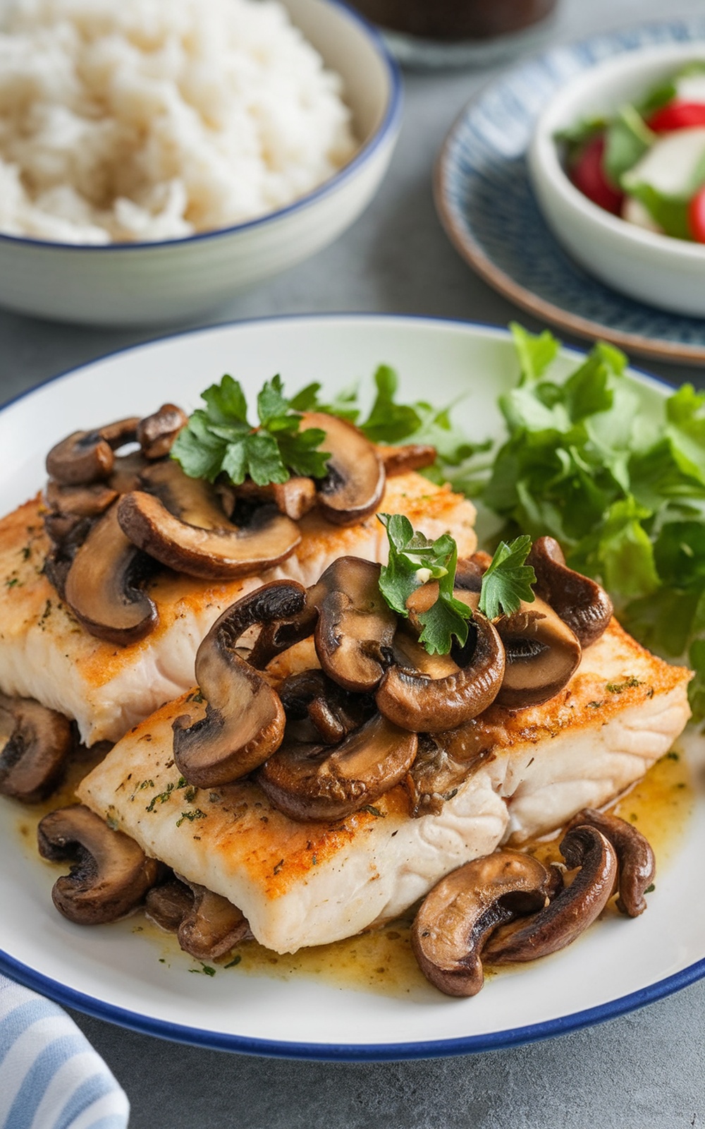 Tilapia fillets with shiitake mushrooms on a plate, garnished with parsley, served with rice.